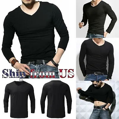 $14.59 • Buy Men's Slim Fit V-Neck Long Sleeve T-Shirt Muscle Shaper Workout Tee Tops Blouse