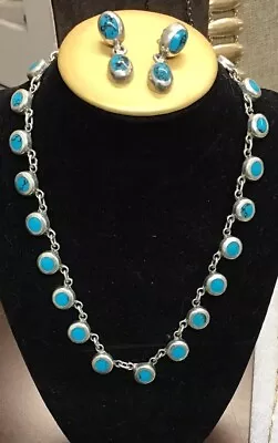 Vintage Sterling Silver Turquoise Beaded Necklace Inlay Stones Earrings Mexico  • $75