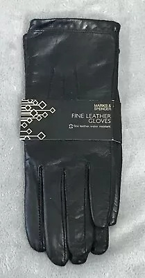 M&S/MARKS & SPENCER Ladies FINE LEATHER Water Resistant GLOVES Black LARGE Bnwt • £9.99