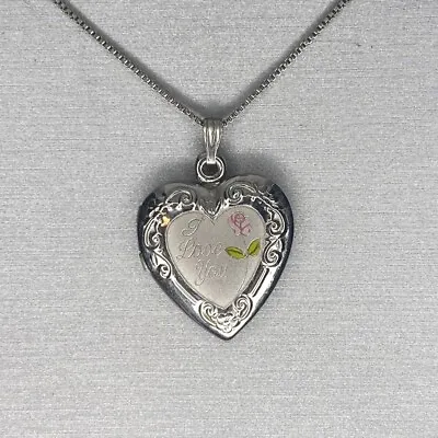 Zales Sterling Silver 925 I Love You Rose Romantic Heart Locket Pendant 18 Inch  • $44.98