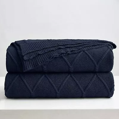Longhui Bedding 100% Cotton Navy Blue Lightweight Cable Knit Throw Blanket Wi... • £87.56