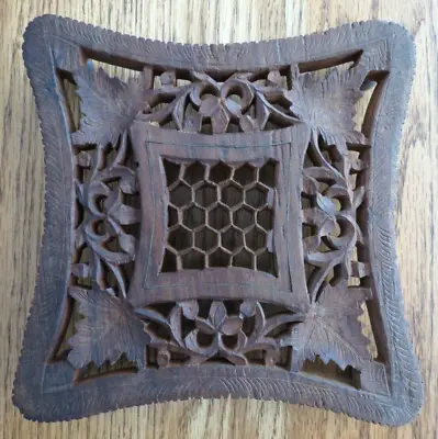 Vintage Wooden Trivet Detailed 7  Square Hand Carved 4 Knob Feet • $9.99