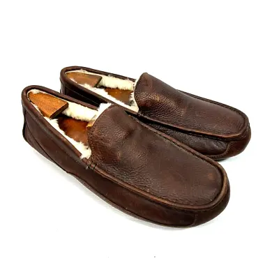 UGG Ascot  Slippers Brown Leather 1103889 House Shoes Sherpa Lined Men's 11 D • $46.99