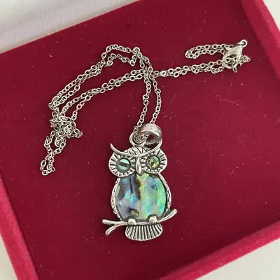 Abalone Shell Owl Necklace Bird Ornithology Faux Pewter • $12.44