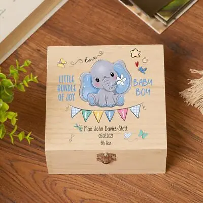 Personalised Wooden Baby Boy Keepsake Memory Box With Cute Elephant SHB-UV3 • £15.99