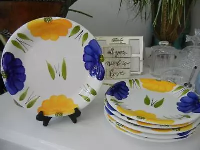 Maxam Hand Painted Blue Yellow Daisy Floral Italy 10.25  Dinner Plates Set Of 6 • $99.99