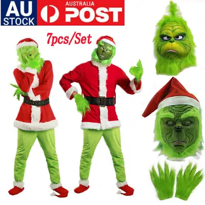 Adults The Grinch Costume Xmas Party Cosplay Christmas Santa Fancy Dress Rr • $59.36