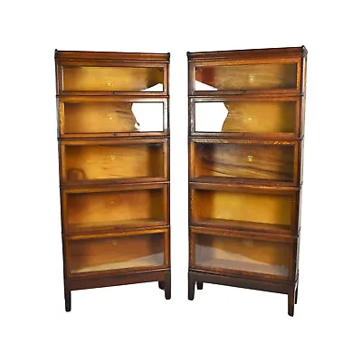 Pair Antique Oak Macey Barrister Lawyers Stacking Bookcases Glass Doors 5-stack • $3495
