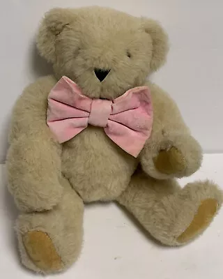 Vintage Jointed Vermont Teddy Bear Classic Pink Velvet Bow Tan Fur 16” Beautiful • $36.99