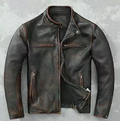 Vintage Cafe Racer: Men's Distressed Black Real Leather Motorcycle Jacket • $39.99