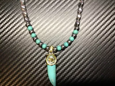 Men's Women's Magnetic Hematite Silver Necklace With Turquoise Horn Pendant • $40.99