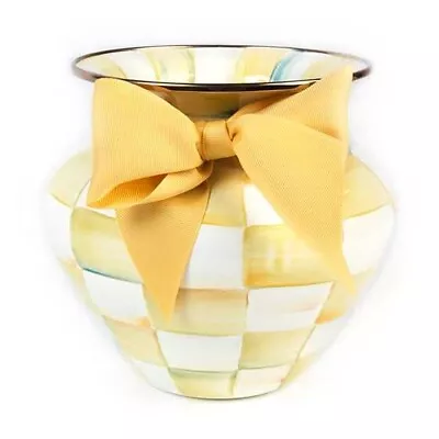 MacKenzie Childs Parchment Check Retired Enamel Large Vase Yellow Ribbon New  • $350