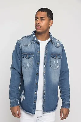 Victorious Men's Long Sleeve Button Up Distressed Denim Jean Shirt Jacket DK158  • $37.95