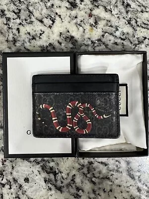 Gucci Black Leather Kingsnake Print GG Card Holder Wallet Authentic • $100