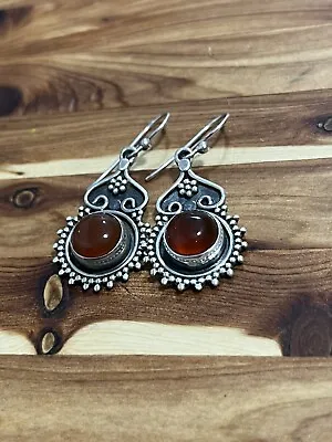 925 Sterling Silver - Vintage Modern Boho   Carnelian Drop Dangle Earrings • $37.50