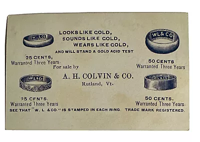 VICTORIAN JEWELERS TRADE CARD AH Colvin Imitation Gold Rings Rutland VT B20 • $21.25