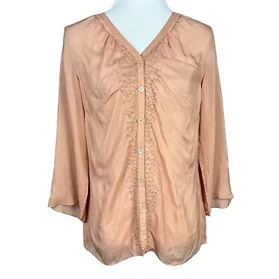 J Jill Top Womens S Sheer Embroidered Button Up Boho Shirt Blouse Peach Orange • £14.19