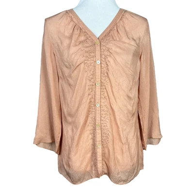 J Jill Top Womens S Sheer Embroidered Button Up Boho Shirt Blouse Peach Orange • £14.19