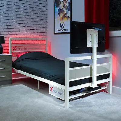 X ROCKER Basecamp Single 3ft Gaming Bed Frame TV Mount Metal Storage Shelf WHITE • £169.99