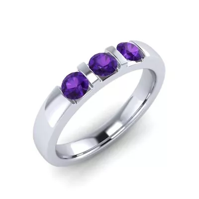 Amethyst Tension Setting Round 4.00mm Three Stone Ring With Rhodium Plated • $29.50