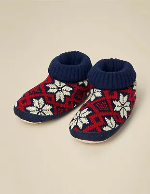 Fat Face Navy Fairisle Knitted Fleece Lined Wear 2 Ways Sock Slipper Boots  S  M • £29.99