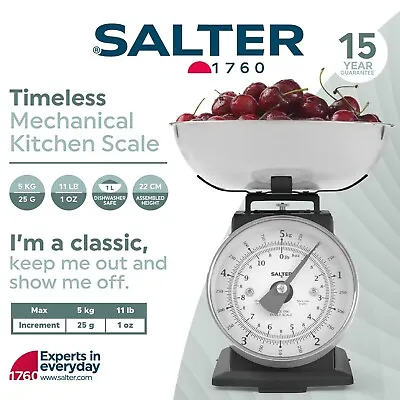 Salter Kitchen Scale Timeless Mechanical 5kg Capacity Dishwasher Safe Bowl Black • £18.99