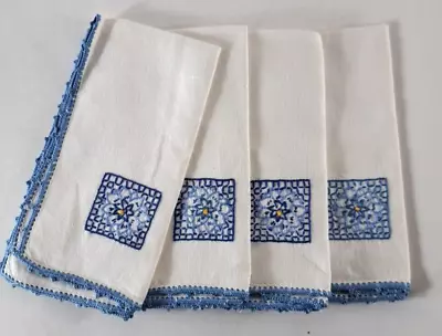 Vintage Linen Cloth Napkins Set Of 4 White Embroidered Square Crochet Trim 14  • $17.99
