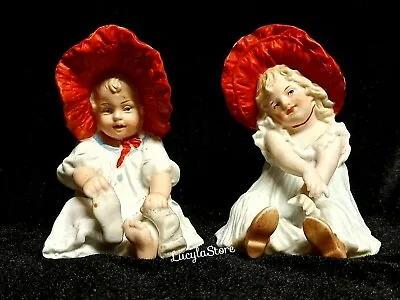 Antique Gebruder Heubach BISQUE Pair Bonnet Girl Baby Piano Miniatures Figurines • $550