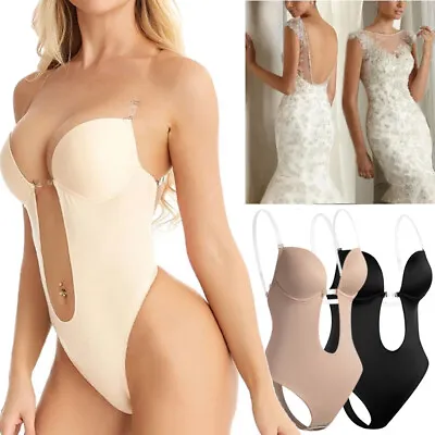 Women Deep V-Neck Body Shaper Backless U Plunge Thong Bodysuit Push Up Corset • $34.99