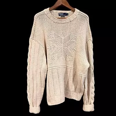 VTG 90s Polo Ralph Lauren Hand Knit WOOL Cream Cable Snowflake Sweater Shirt 2XL • $116.06