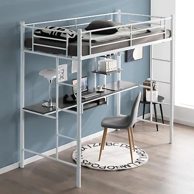 3.5FT Single Metal Loft Bed Frame High Sleeper Bunk Bed W/ Desk Storage Shelves • £179.95