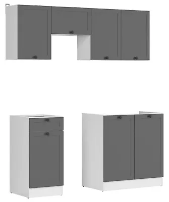 170cm Kitchen Set 5 Unit Wall & Base Complete Cabinets White/Dark Grey Junona • £357