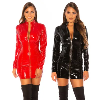 Mini Dress Latex Look Full Front Zip Long Sleeves High Neck KouCla - Black & Red • £34.95