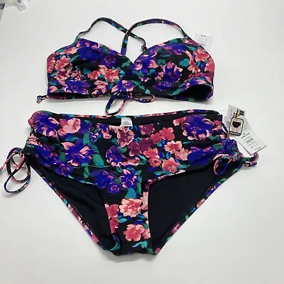 Time & Tru Bikini Black Floral Long Line Swim Top Midrise Bottom Plus Size 2X • £16.54