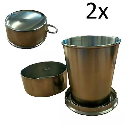 2 X STAINLESS STEEL FOLDING COLLAPSIBLE CUPS Camping Portable TraveL 140ml • £5.79