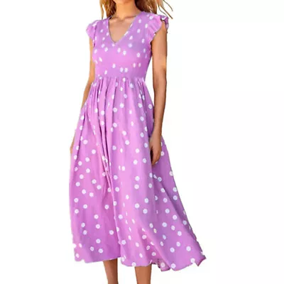 Women Polka Dot V-Neck Sleeveless Long Dress Ladies Summer Holiday Sundress 6-16 • £19.49