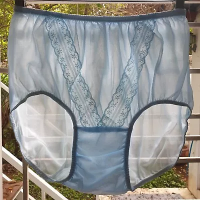 VTG Sheer Nylon Panty Blue Sissy V Lace Double Gusset Brief Size 8/XL Hip 40-44  • $29.27