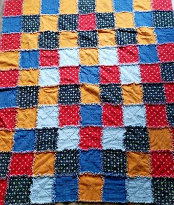 Handmade Multi-Color Floral Flannel Rag Edge Vintage Patchwork Quilt 65 X56  • $45