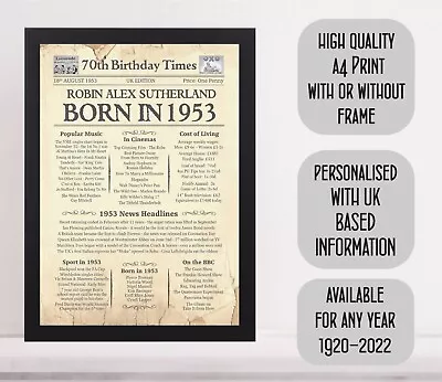 Personalised 70th Birthday Gift Mum Dad Nan Grandad Brother Sister Him Her 1953 • £17.99