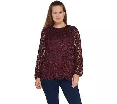 Martha Stewart Corded Lace Long Sleeve Top W/Scallop Hem-A345113-NEW More Colors • $14.99