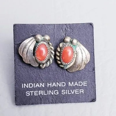 Vintage Sterling Silver NAVAJO Coral Post 3/8  Stud Earrings VERY SMALL • $29.99