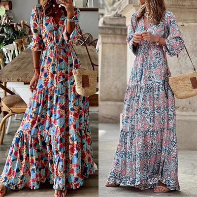 $46.08 • Buy Women Fashion Print V Neck Pocket Dress Tunic Tie Long Casual Dresses For Teens