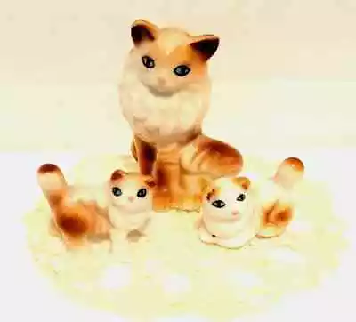 Vintage Bone China Long Haried Mama Cat With Her Two Kittens Figurines 3 Pc Set • $12.95