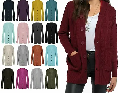 £11.99 • Buy Womens Chunky Cable Knit Ladies Button Long Sleeves Grandad Cardigan Plus Sizes