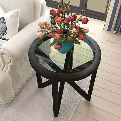 Modern Glass Coffee Table Solid Wood Base Round Transparent Glass Top Terrace • $77.99