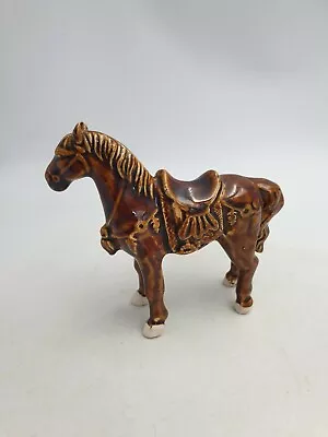 Chinese Ceramic Tang War Standing Horse Figurine Brown Glaze Finish Raised Detai • £21.99