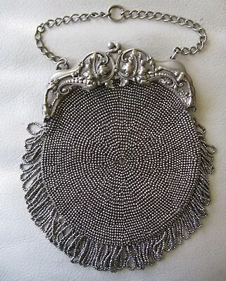 Antique Crochet Floral Frame Silver Steel Micro Bead Chatelaine Kilt Purse #19 • $75