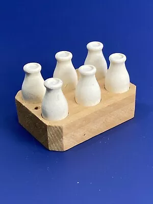 Vtg Dollhouse Miniature Set Of 6 Wood School White Milk Bottles In Wooden Crate  • $17.10