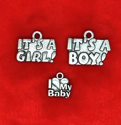 Tibetan Silver I Love My Baby It's A Boy/Girl Charm Pendant Baby Shower Gift • £2.39