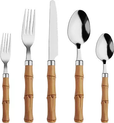 Bamboo Handle Silverware Set 20 Pcs Set For 4 Stainless Steel Flatware Set Bambo • $23.98